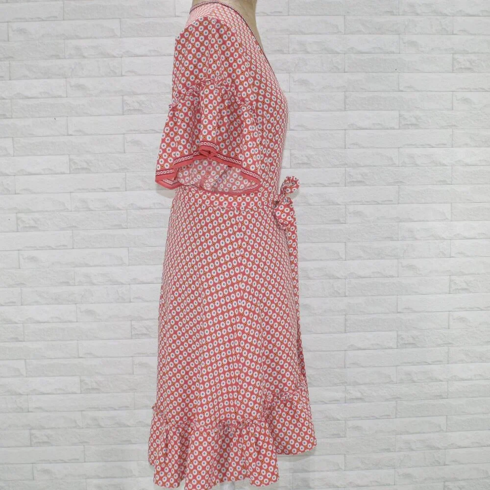 MAX STUDIO Dress Wrap Floral Abstract Daisy Retro Casual Ruffle Orange White L - Picture 4 of 17